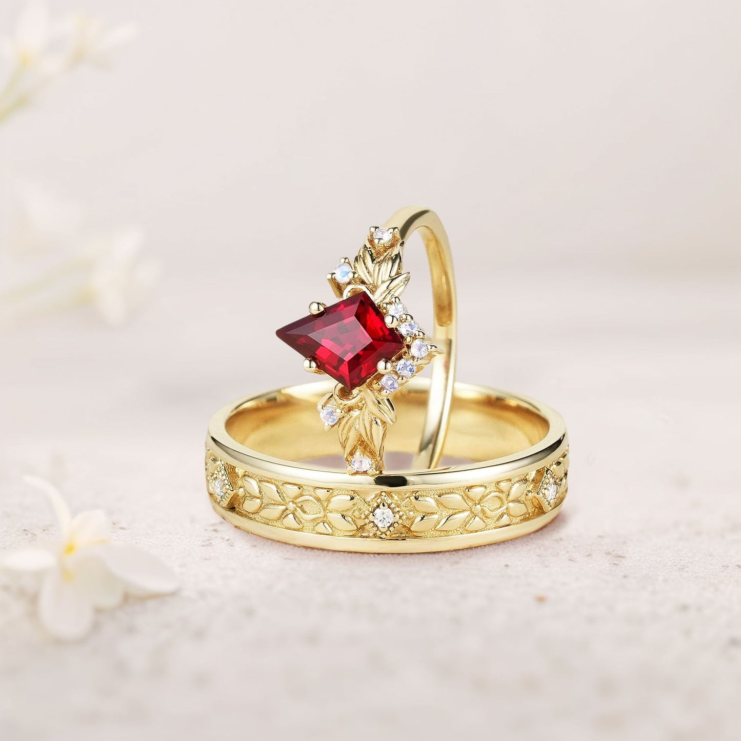 Vintage Kite Lab Ruby Promise Ring Engagement Ring Set for Couples