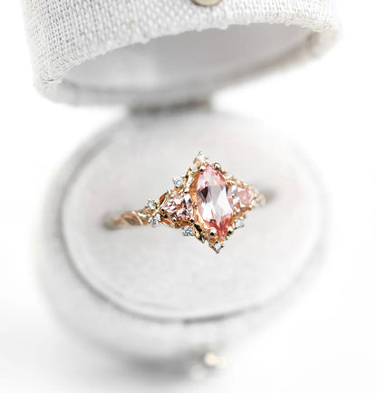 Unique Floral Rose Three Stone Marquise Padparadscha Ring