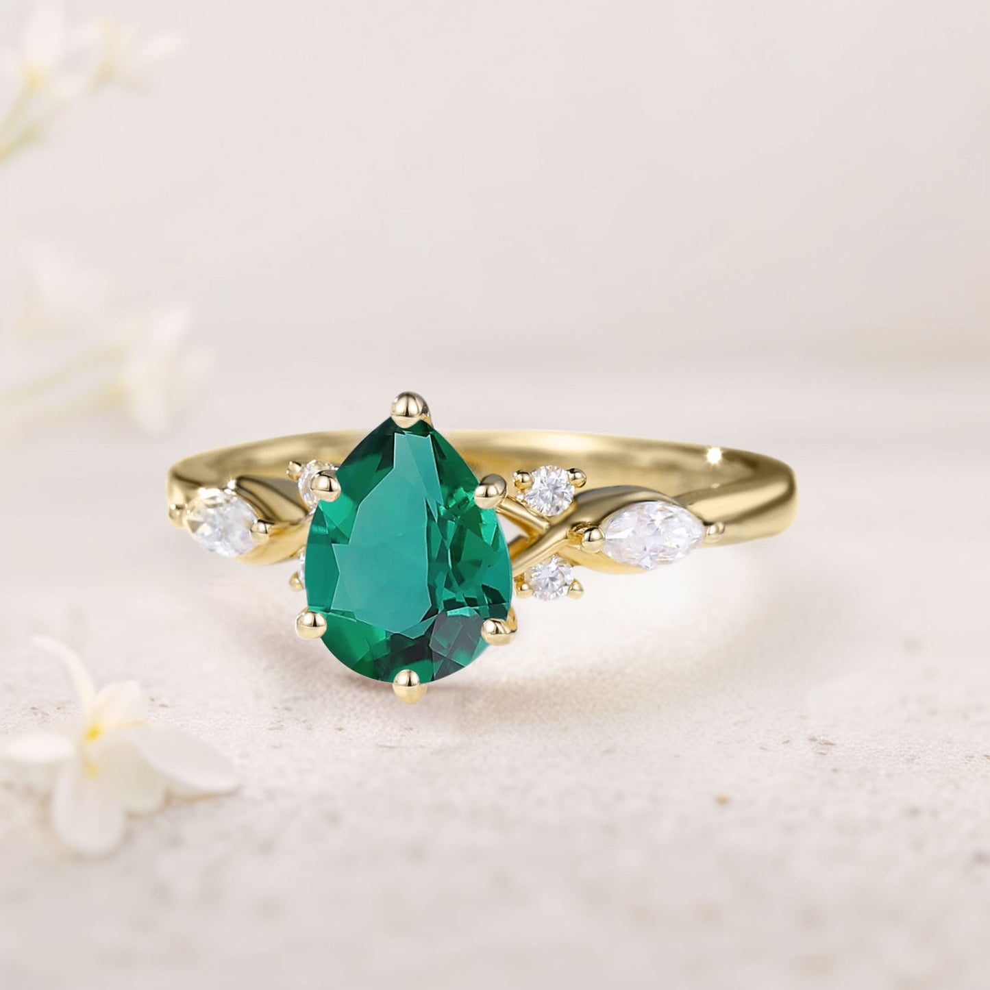 Unique Pear Lab Emerald Split Shank Engagement Ring