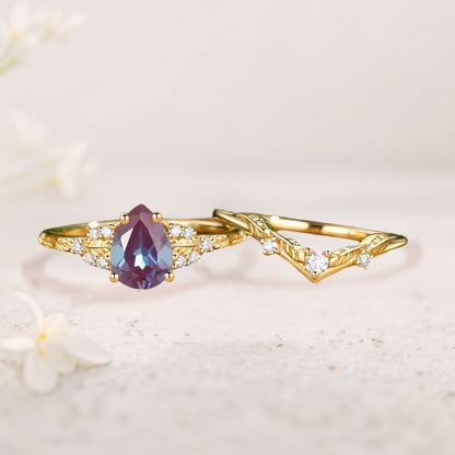 Unique floral engagement rings Leaf Nature Inspired Pear Lab Alexandrite Engagement Ring Set