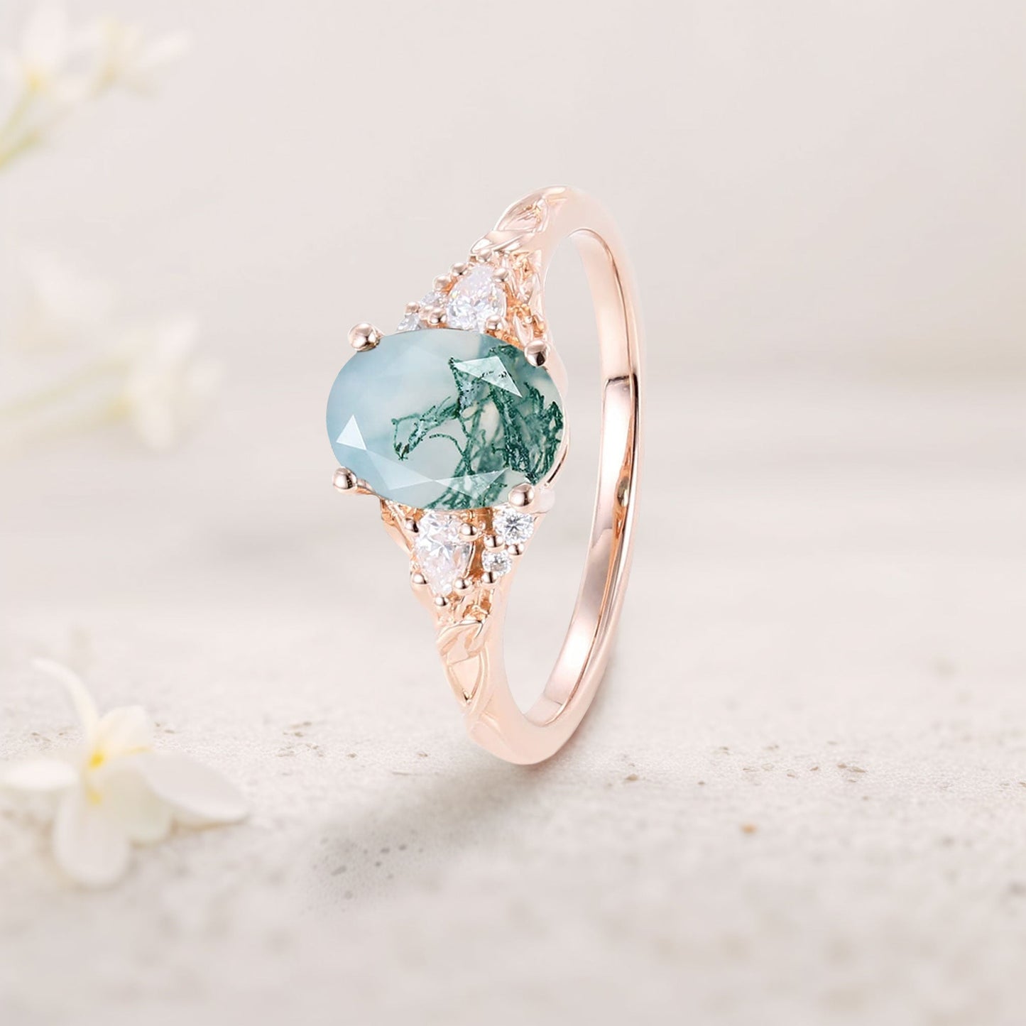 Unique Oval Moss Agate and Moissanite Wedding Ring