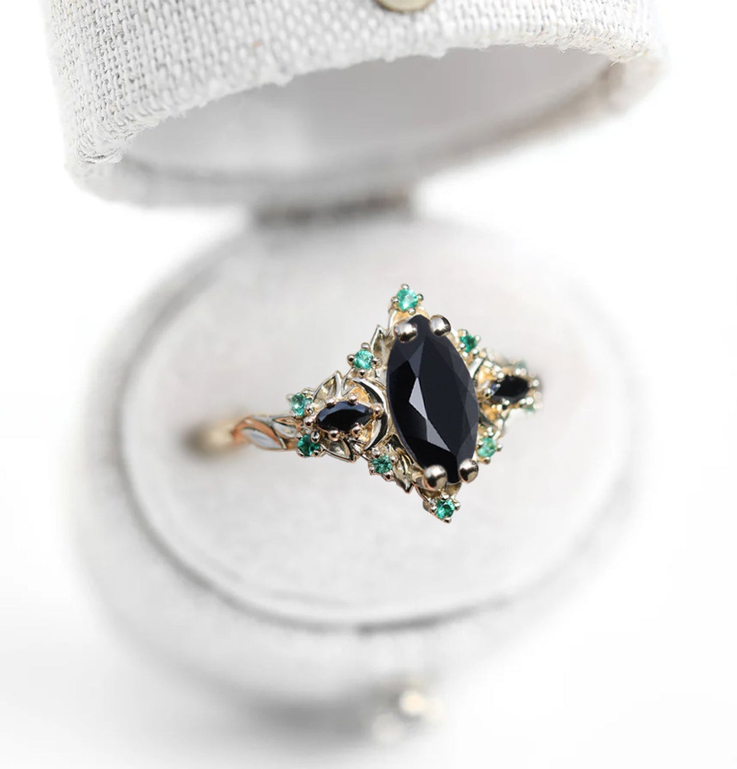 Unique Briar Moon Three Stone Marquise Black Onyx and Lab Emerald Ring