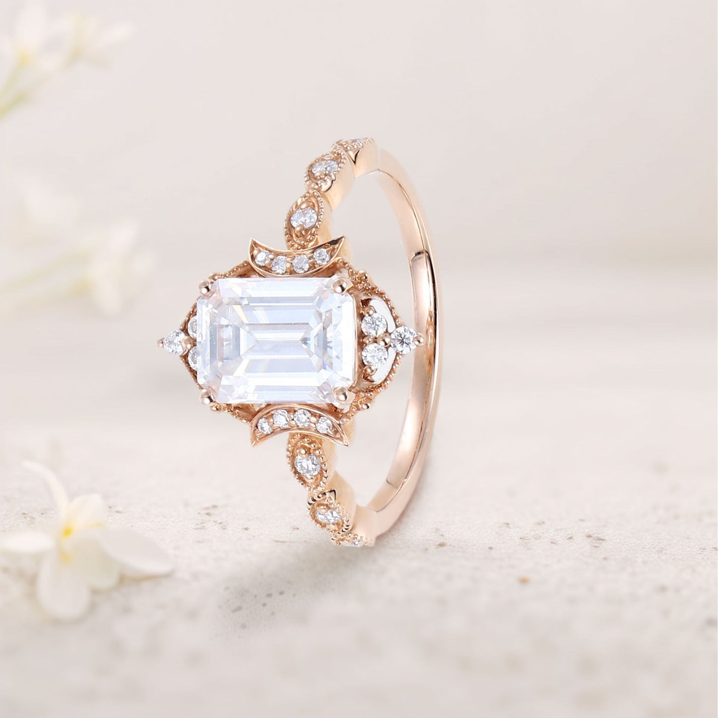 Vintage Emerald Moissanite Engagement Ring Whimsical Charm Bridal Ring