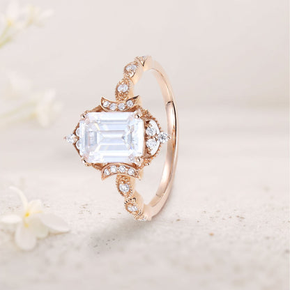 Vintage Emerald Moissanite Engagement Ring Whimsical Charm Bridal Ring