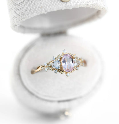 Unique Floral Rose Three Stone Oval Pink Padparadscha Ring