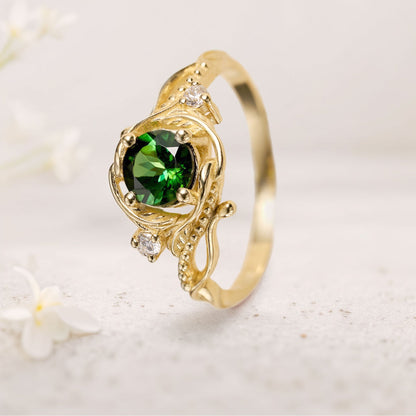 Unique floral engagement rings Round Nature Inspired Green Tourmaline Engagement Ring