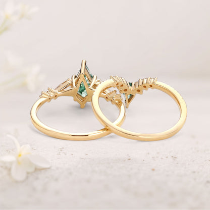 Unique floral engagement rings Twin Flames Kite Moss Agate Wedding Ring Set