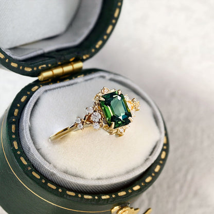 Vintage Fantasy Inspired Emerald Cut Green Lab Sapphire Engagement Ring
