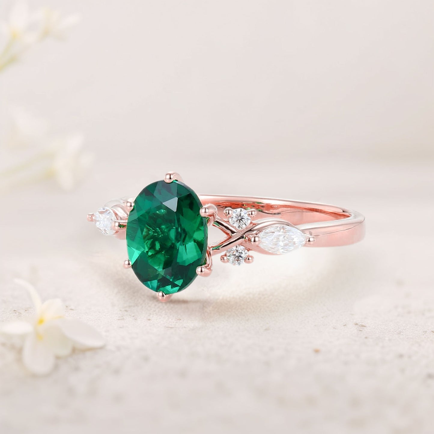Unique Oval Lab Emerald Split Shank Engagement Ring