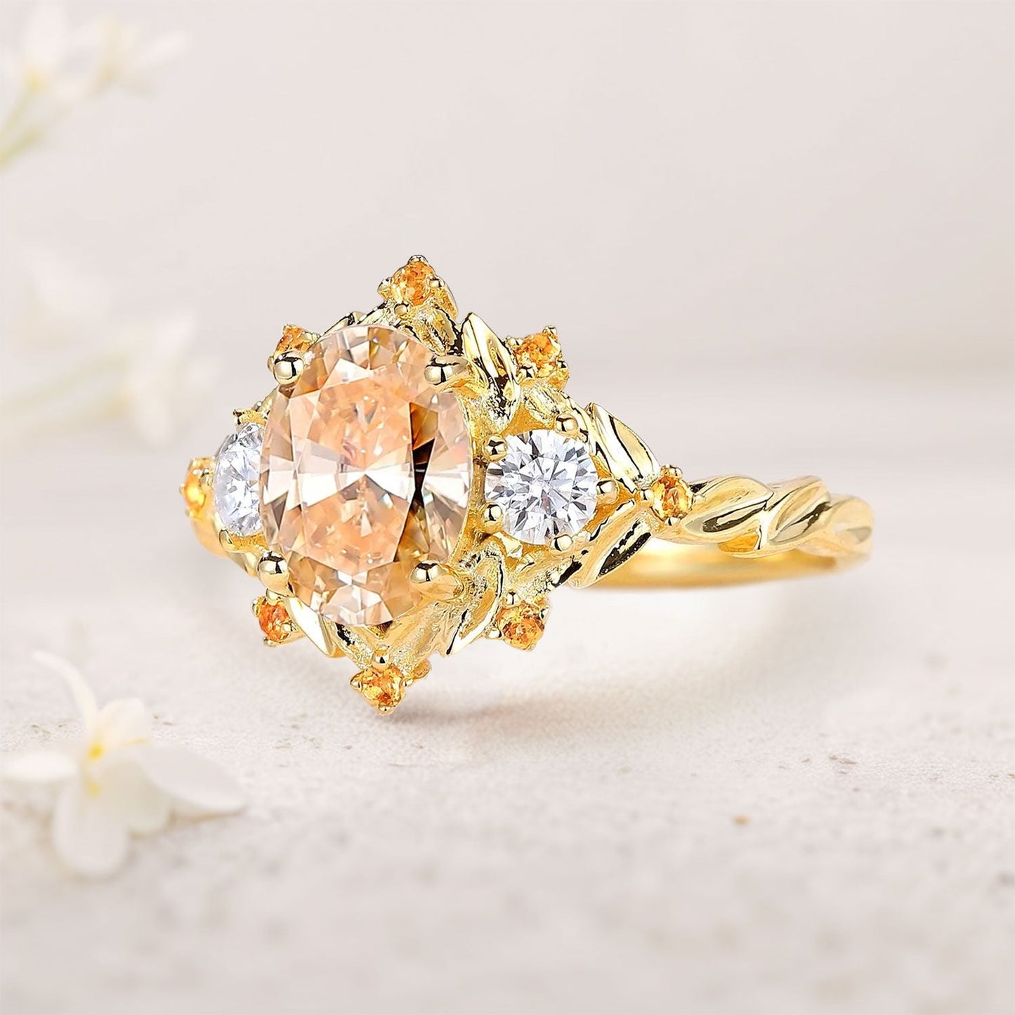 Unique Three Stone Citrine Leaf Bridal Ring Wedding Ring