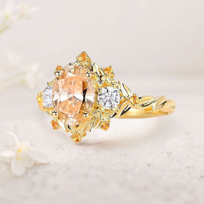 Unique Three Stone Citrine Leaf Bridal Ring Wedding Ring