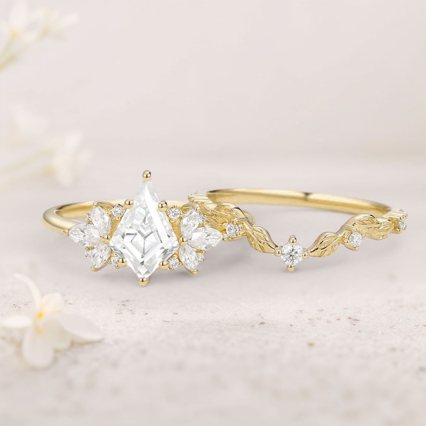 Unique floral engagement rings Kite Moissanite Butterfly Cluster Ring Set