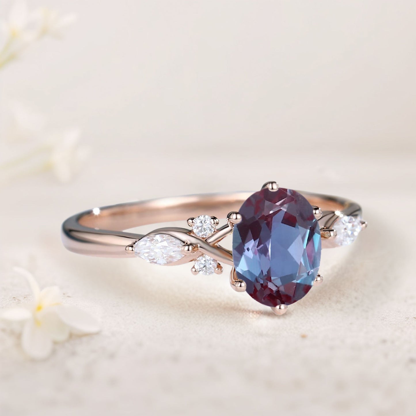 Vintage Oval Lab Alexandrite and Moissanite Engagement Ring