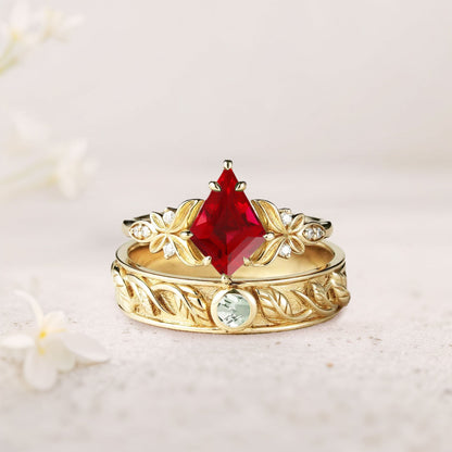 Unique Kite Lab Ruby Promise Engagement Ring Wedding  Ring Set For Couples