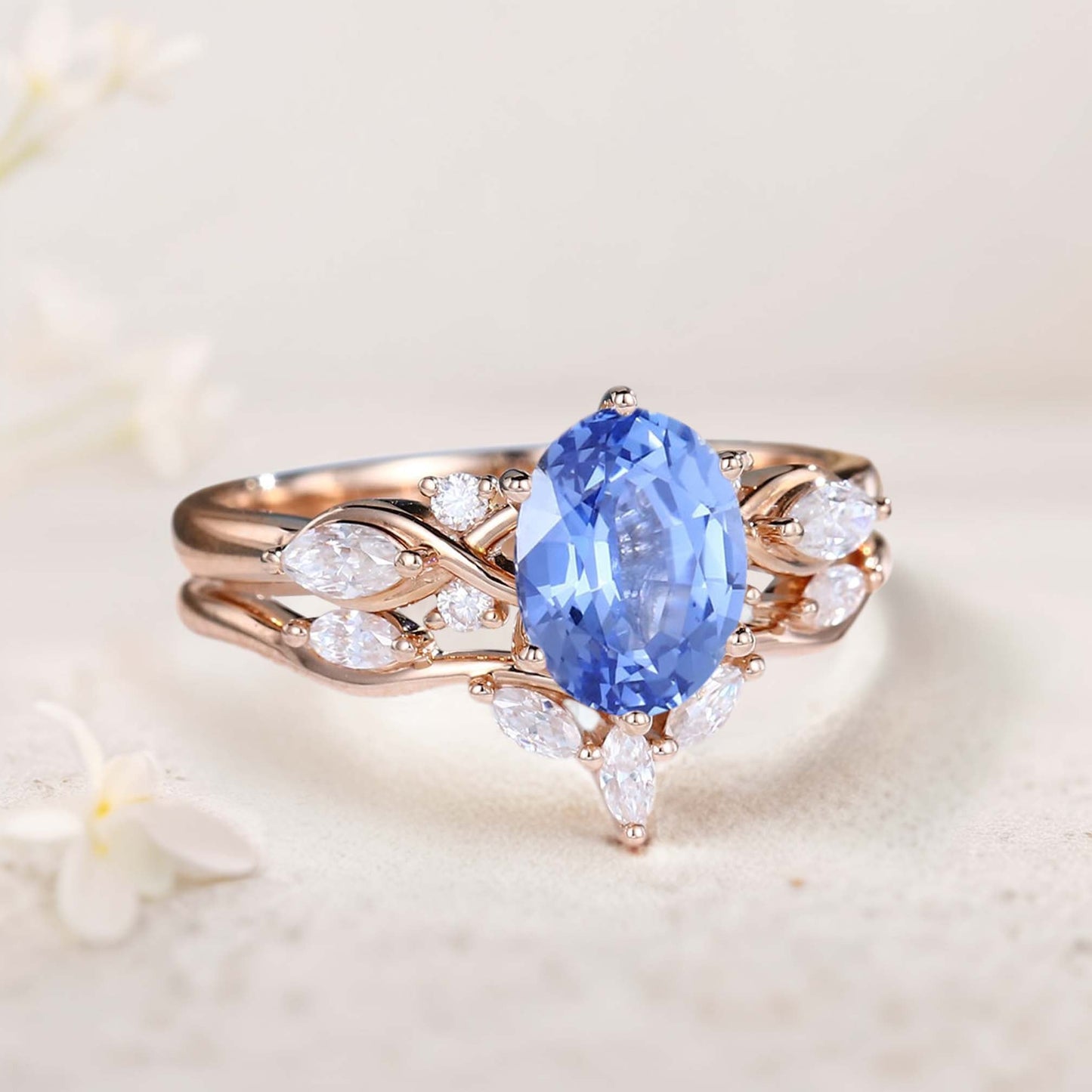 Vintage Oval Lab Sapphire and Moissanite Curved Wedding Ring Set Bridal Ring Set