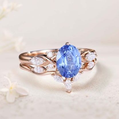 Vintage Oval Lab Sapphire and Moissanite Curved Wedding Ring Set Bridal Ring Set