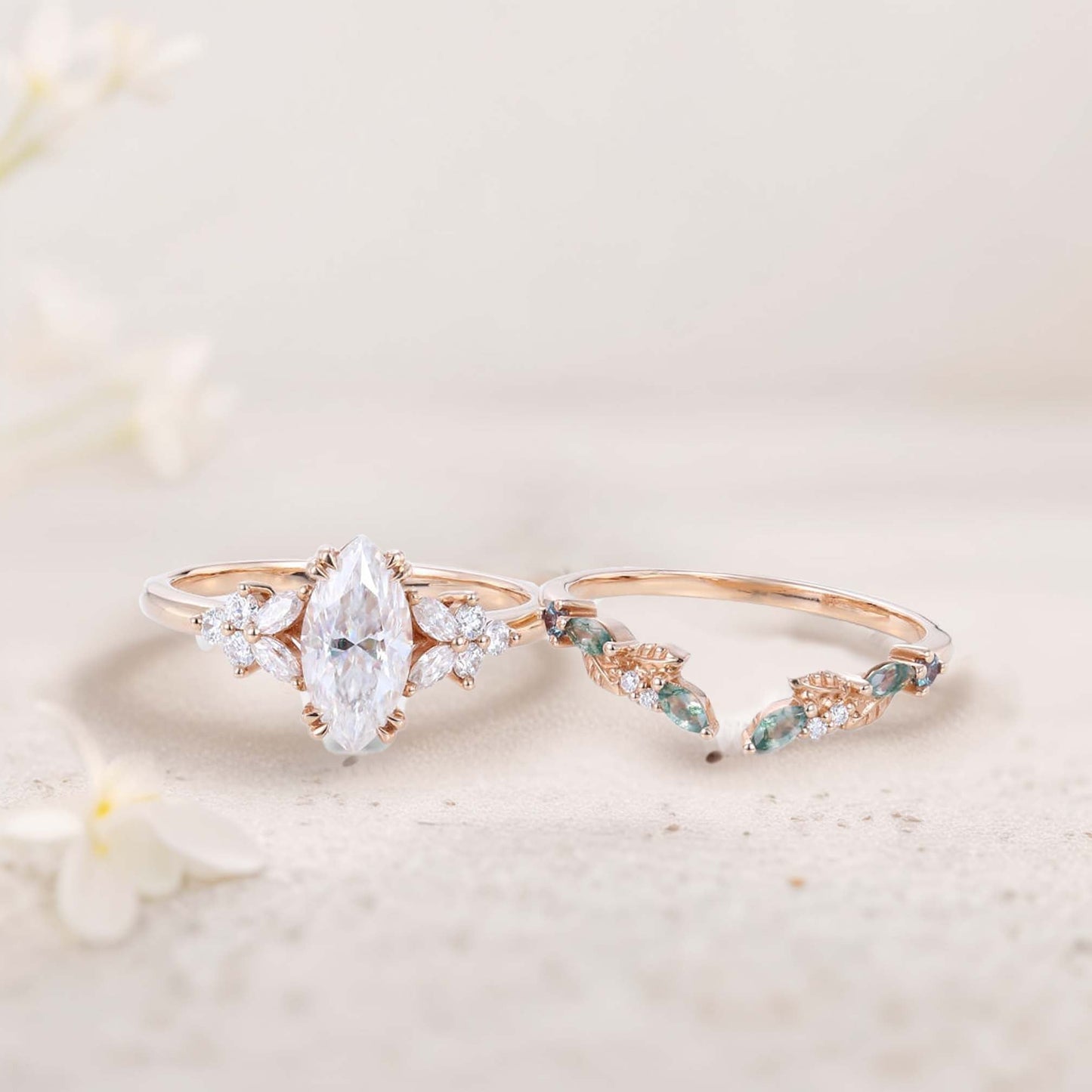 Vintage Marquise Moissanite Engagement ring set Cluster shank leaf Bridal Set