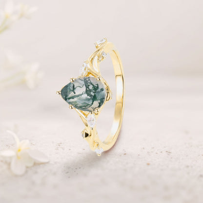 Unique floral engagement rings Pear Moss Agate Engagement Ring Branching Bridal Ring
