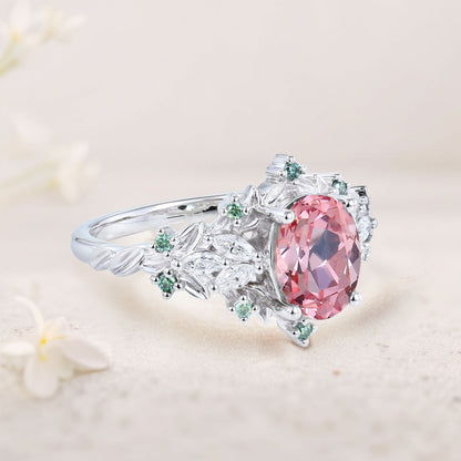 Unique Starlight Oval Pink Lab Padparadscha Engagement Ring