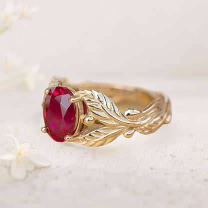 Unique floral engagement rings Oval Lab Ruby with Leaves Engagement Ring