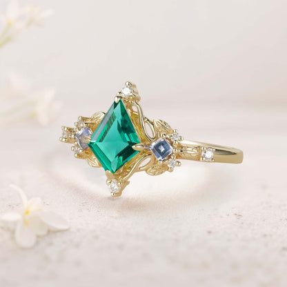 Unique Kite Three Stone Lab Emerald Leaf Ring