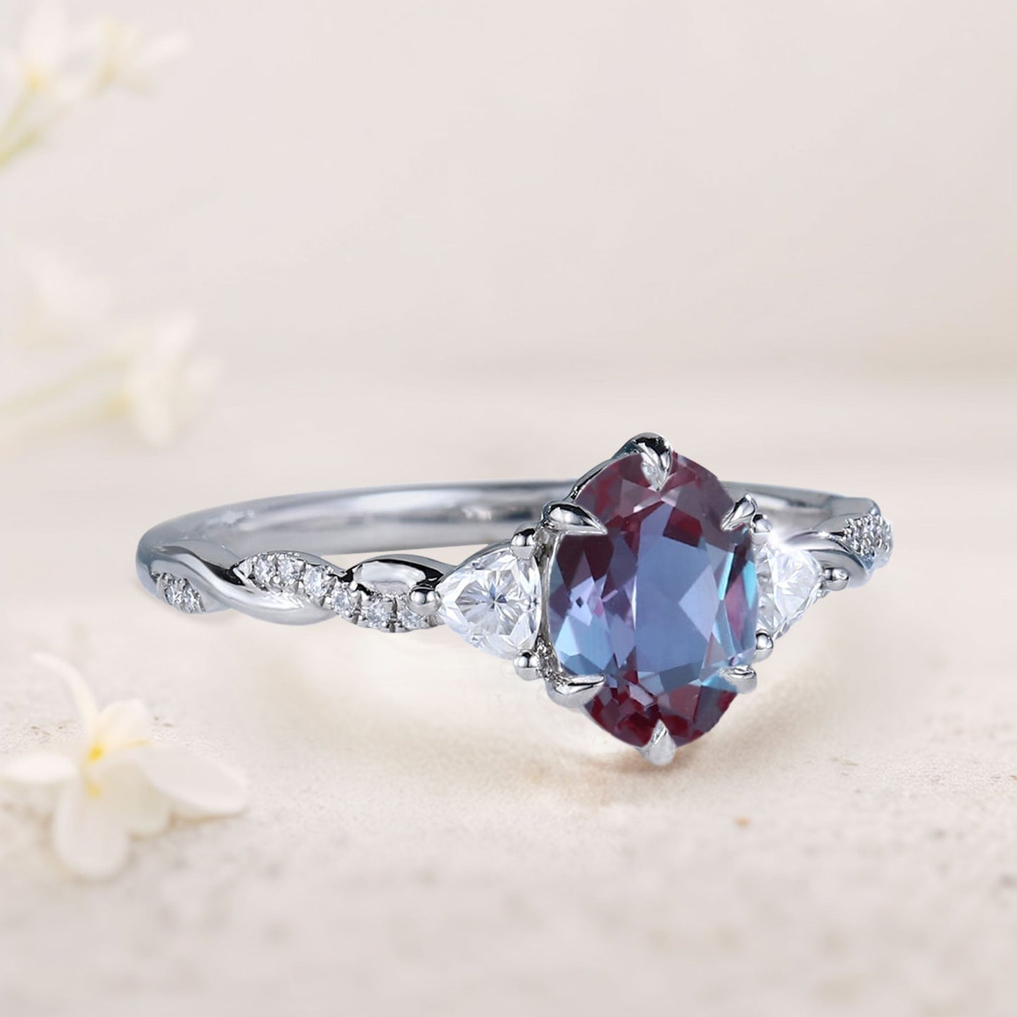 Unique Three Stone Oval Lab Alexandrite Ring  Engagement Ring