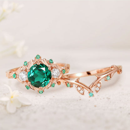 Vintage Round Lab Emerald Engagement Ring Set for women Leaf Wedding Ring Set