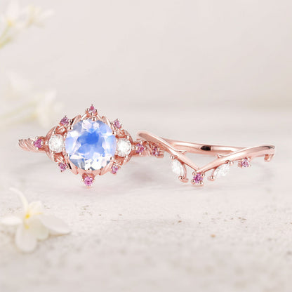 Unique floral engagement rings Round Lab Moonstone and Moissanite Ring Set