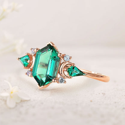 Vintage Hexagon Cut Lab Emerald Engagement Ring Unique Kite Cut Moon Design Promise Ring Gift for Women