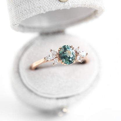 Unique Floral Rose Oval Lab Light Green Sapphire Ring