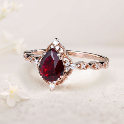 Vintage Pear Ruby Engagement Ring Bridal Ring