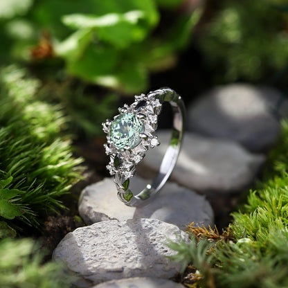 Unique Briar Rose Round Green Lab Sapphire and Black Moissanite Ring