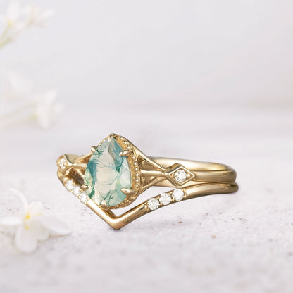 Unique Pear Moss Agate Bridal Ring Set