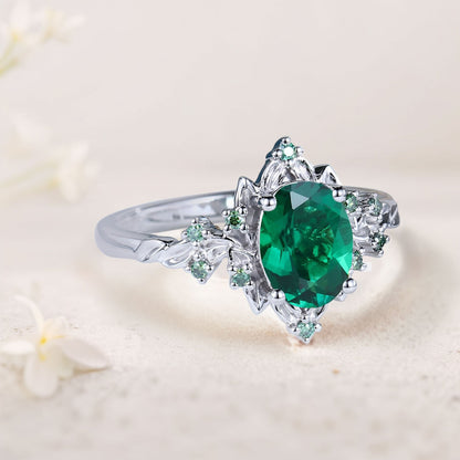 Vintage Briar Rose Halo Oval Lab Emerald Engagement Ring Olive Leaves Ring