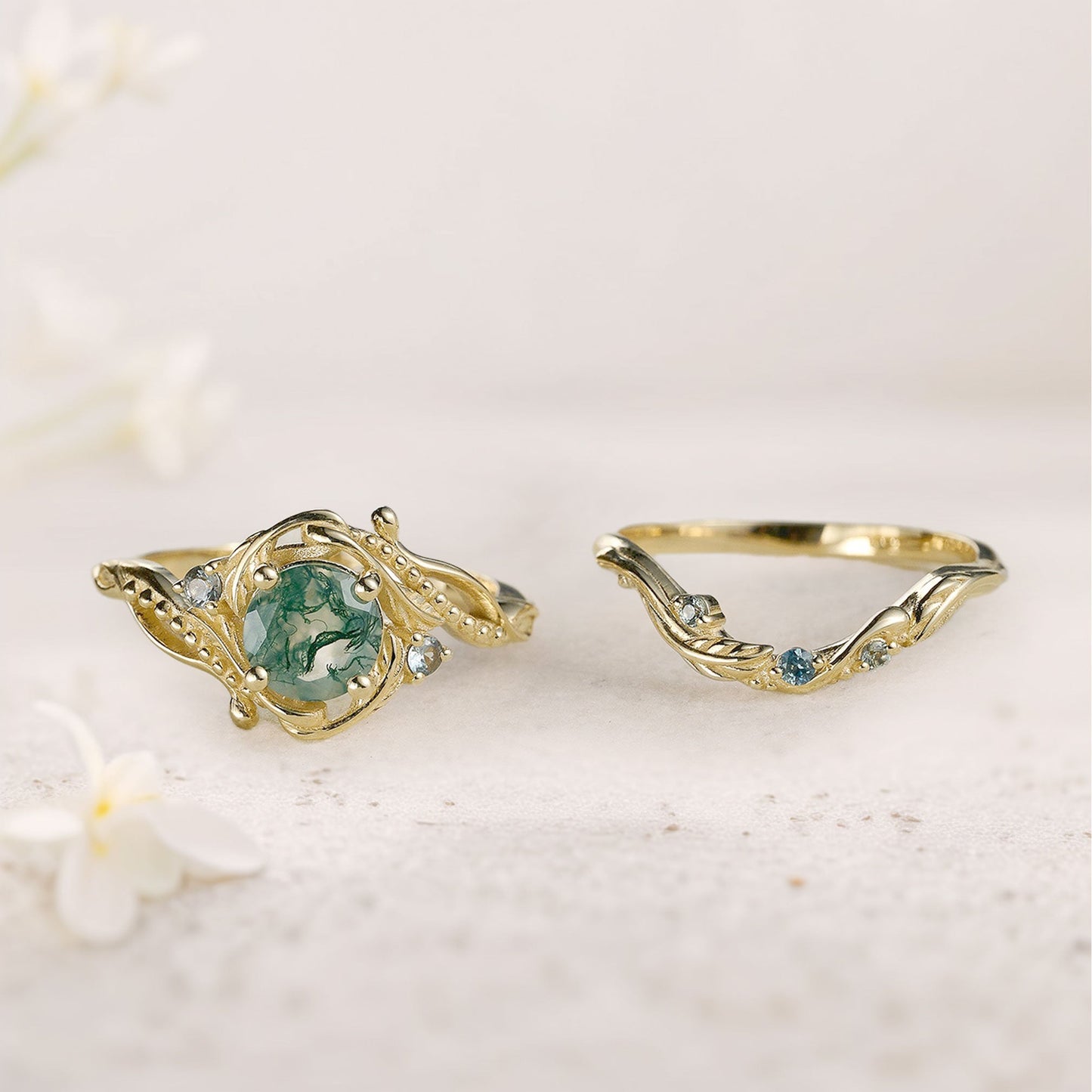 Unique Round Moss Agate With leaves Wedding Ring Set