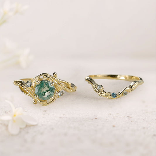 Unique Round Moss Agate With leaves Wedding Ring Set
