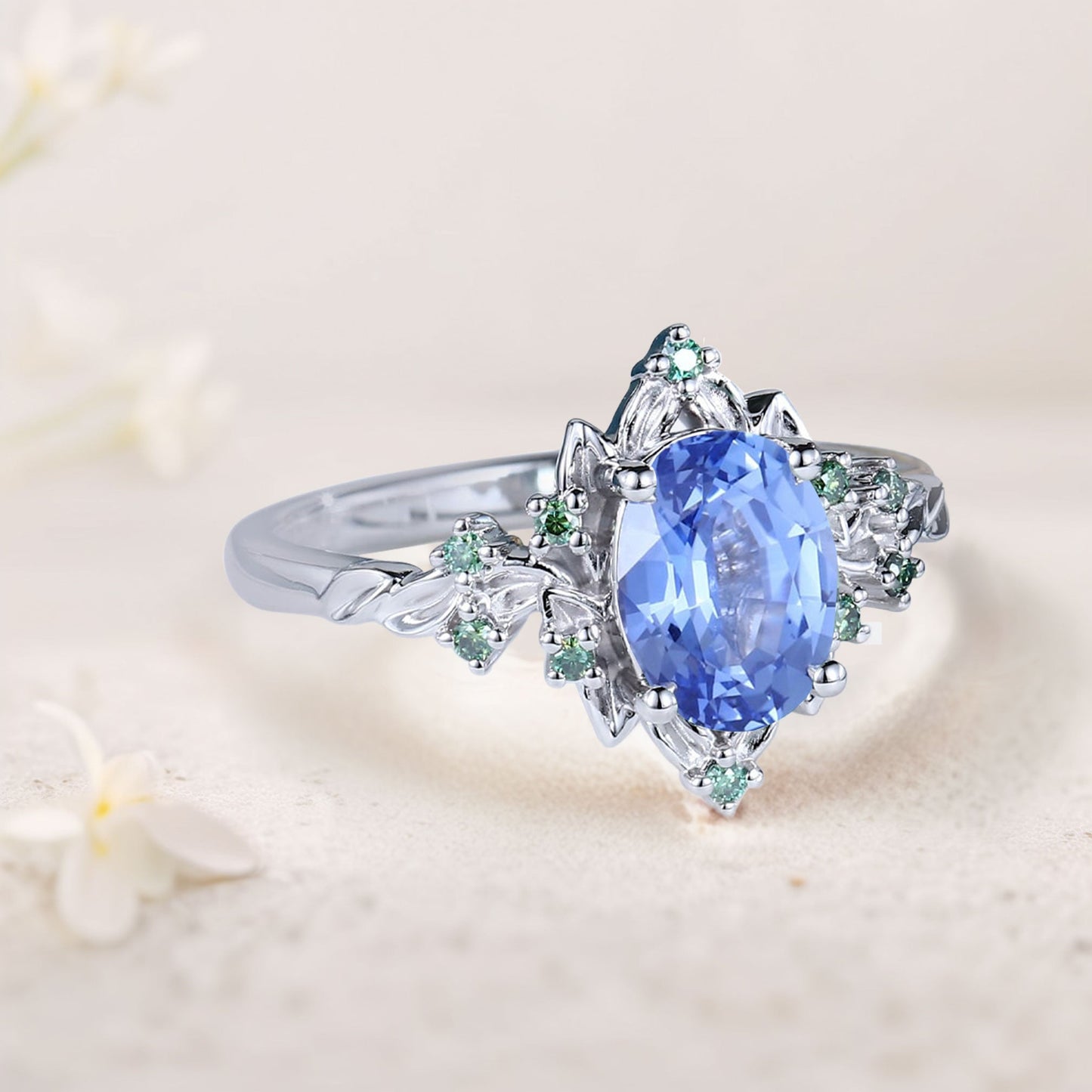 Vintage Briar Rose Oval Lab Sapphire Engagement Ring Olive Leaves Ring