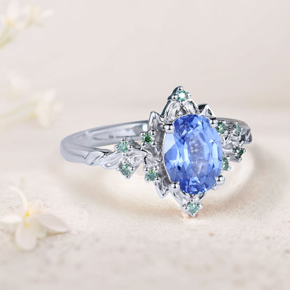 Vintage Briar Rose Oval Lab Sapphire Engagement Ring Olive Leaves Ring