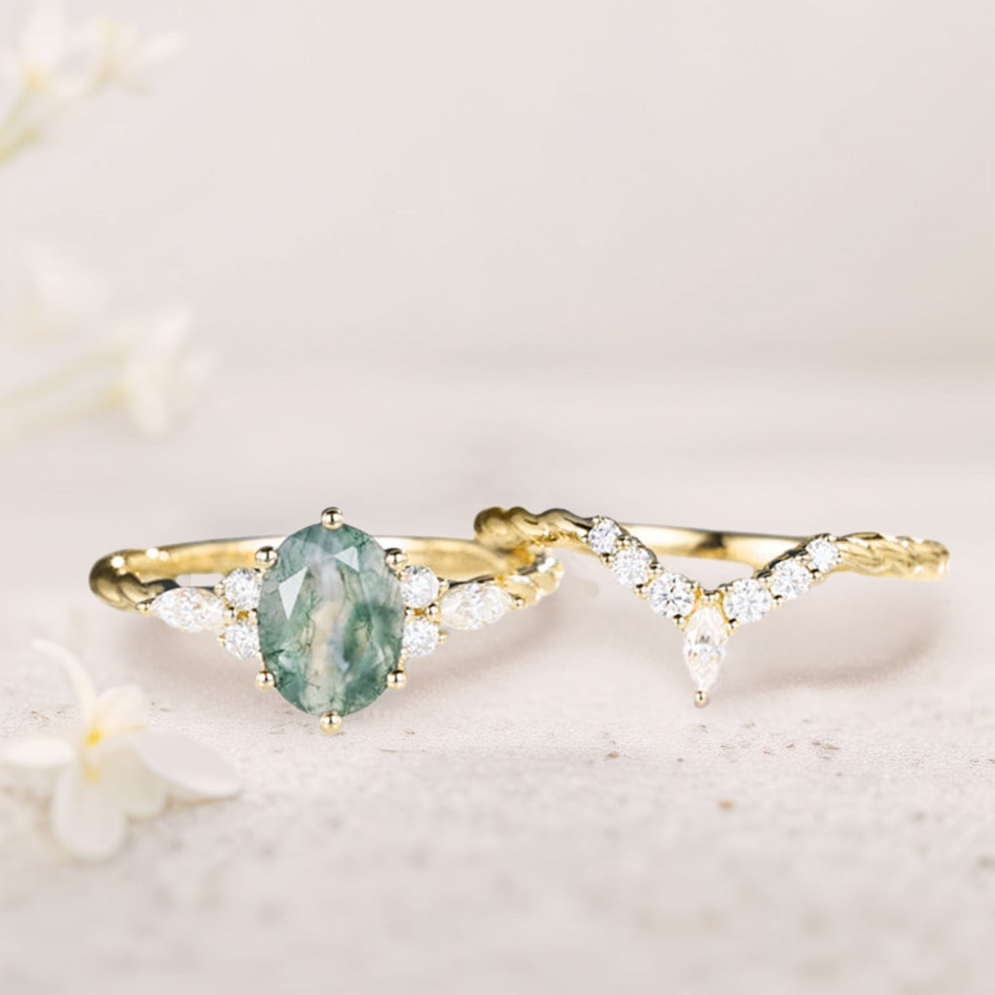 Vintage Oval Moss Agate Twisted Engagement Ring With Curved Wedding Ring Set