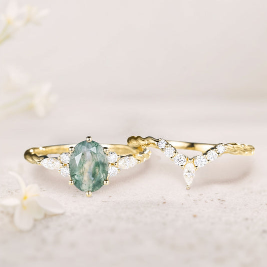 Vintage Oval Moss Agate Twisted Engagement Ring With Curved Wedding Ring Set