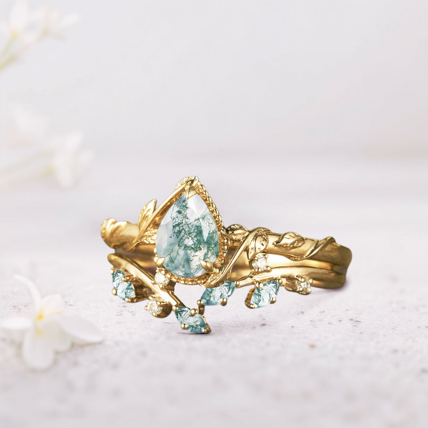 Unique Pear Moss Agate Bridal Ring Set Leaf Ring Set