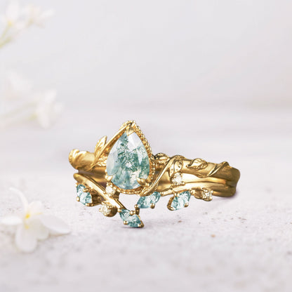 Unique Pear Moss Agate Bridal Ring Set Leaf Ring Set