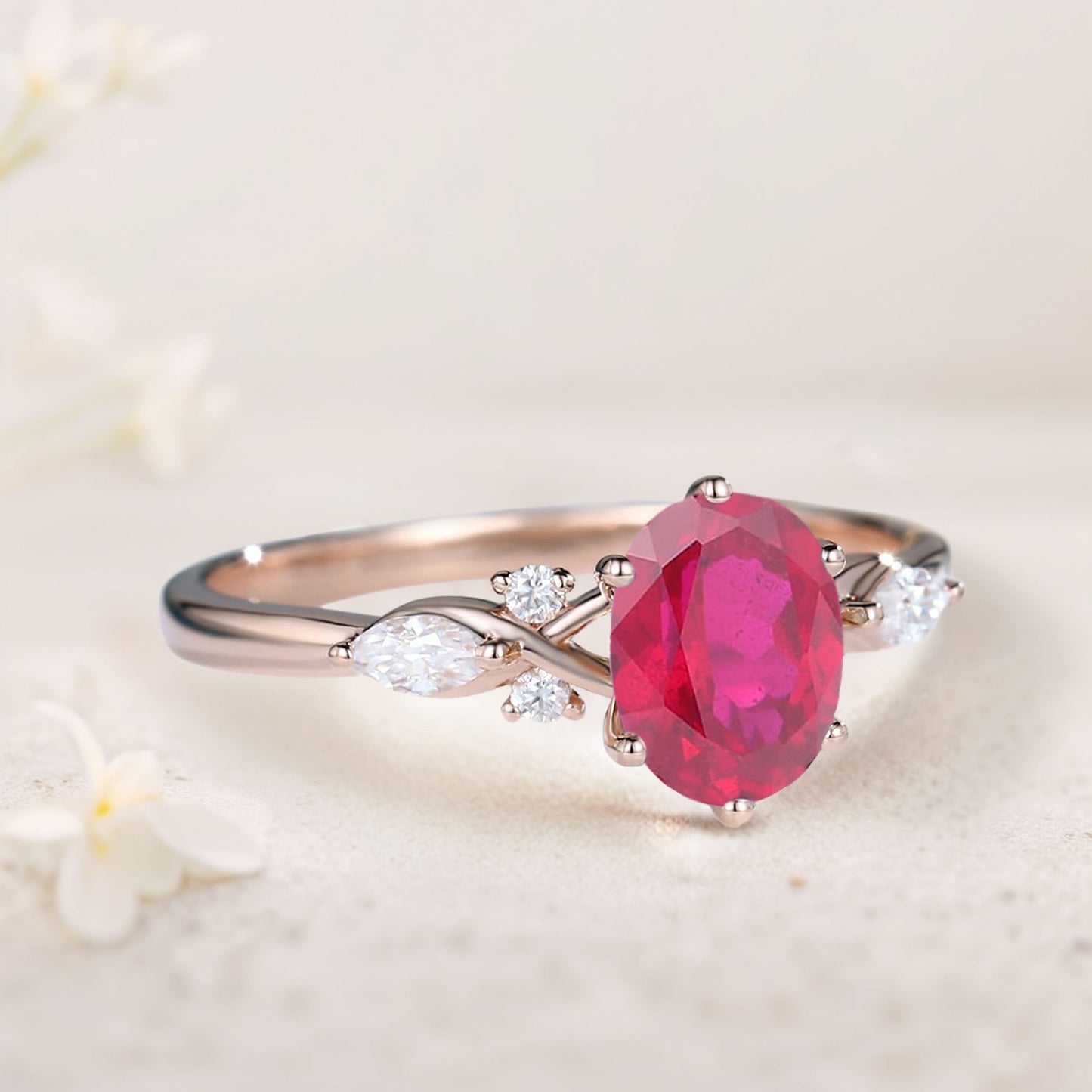 Vintage Oval Ruby and Moissanite Engagement Ring