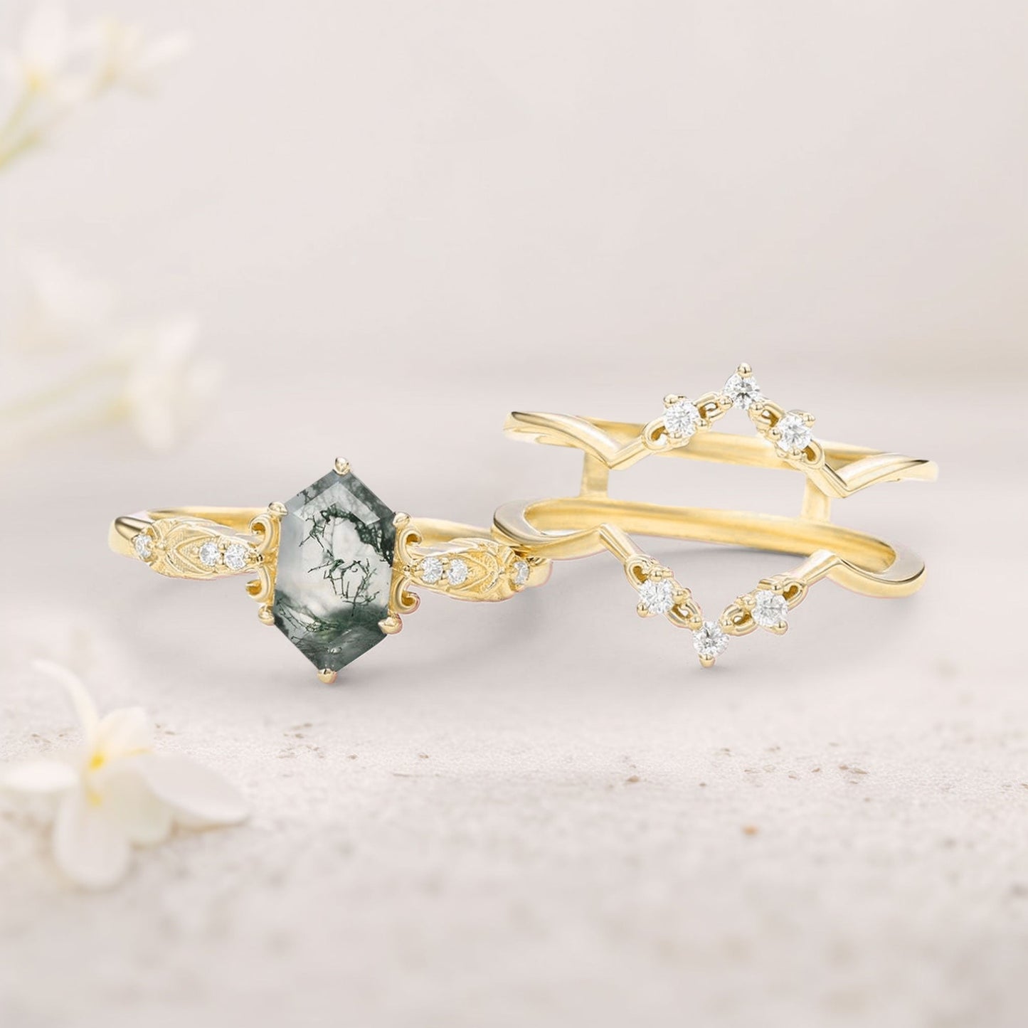 Vintage floral engagement rings Long Hexagon Moss Agate Wedding Ring Set