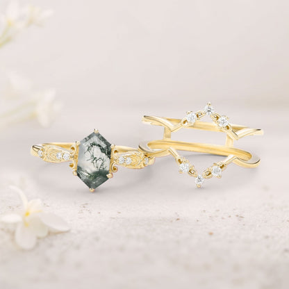 Vintage floral engagement rings Long Hexagon Moss Agate Wedding Ring Set