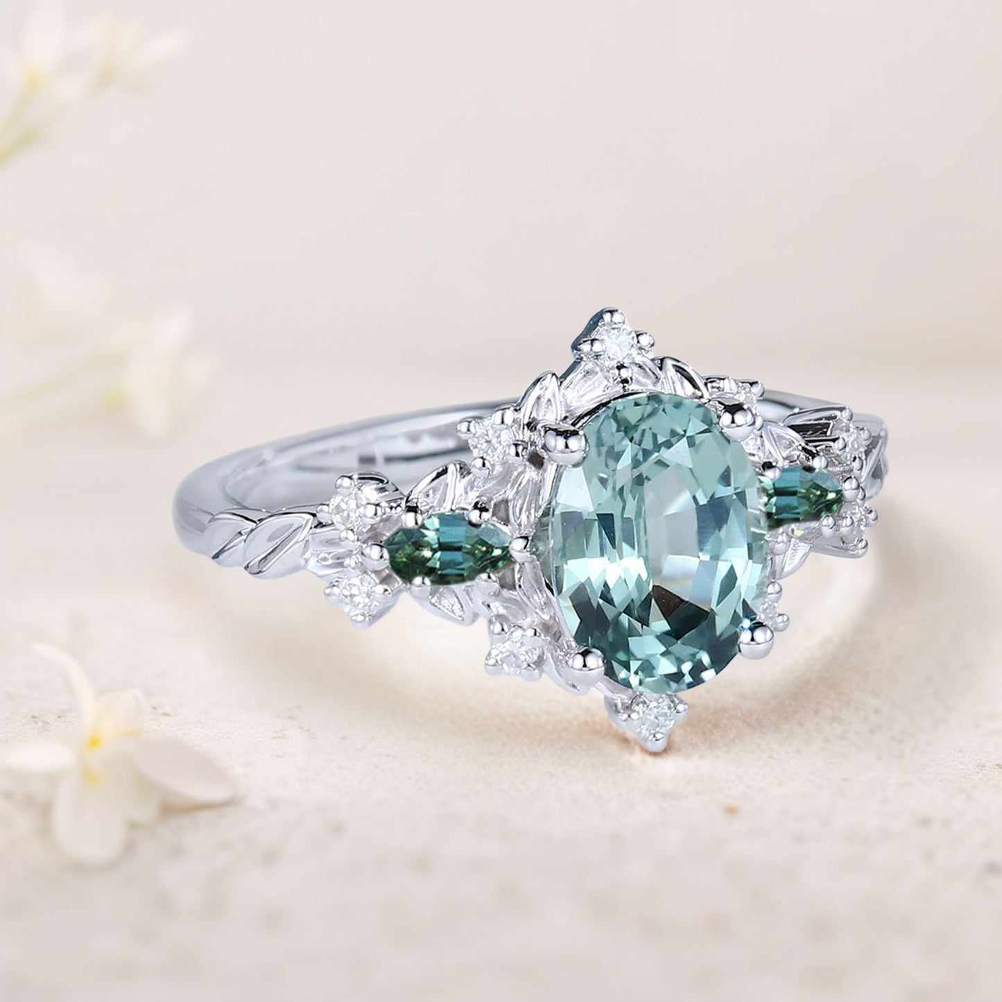 Vintage Briar Rose Oval Green Lab Sapphire and Tear Moissanite Engagement Ring Vine Ring