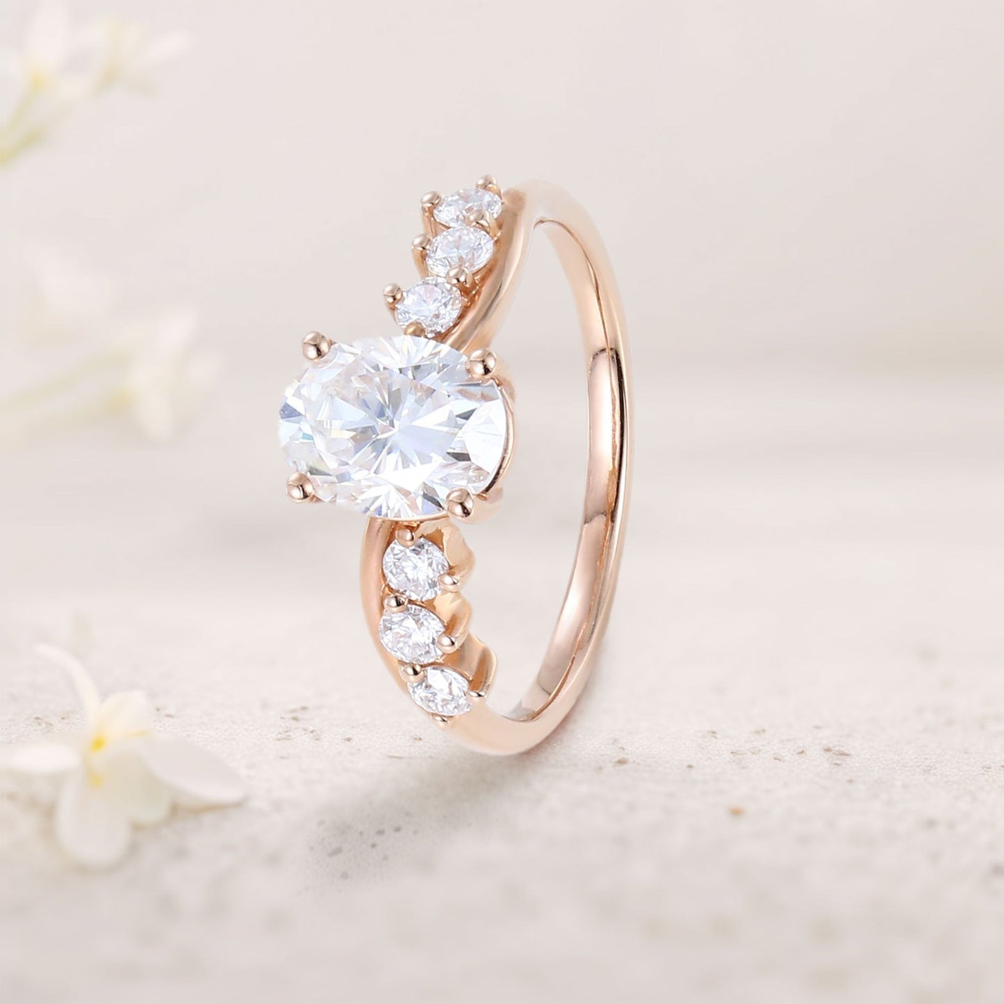 Unique Oval Moissanite Engagement Ring Swirling Romance Bridal Ring
