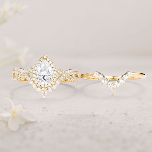 Vintage floral engagement rings Pear Moissanite and Pearl Halo Infinity Ring Set
