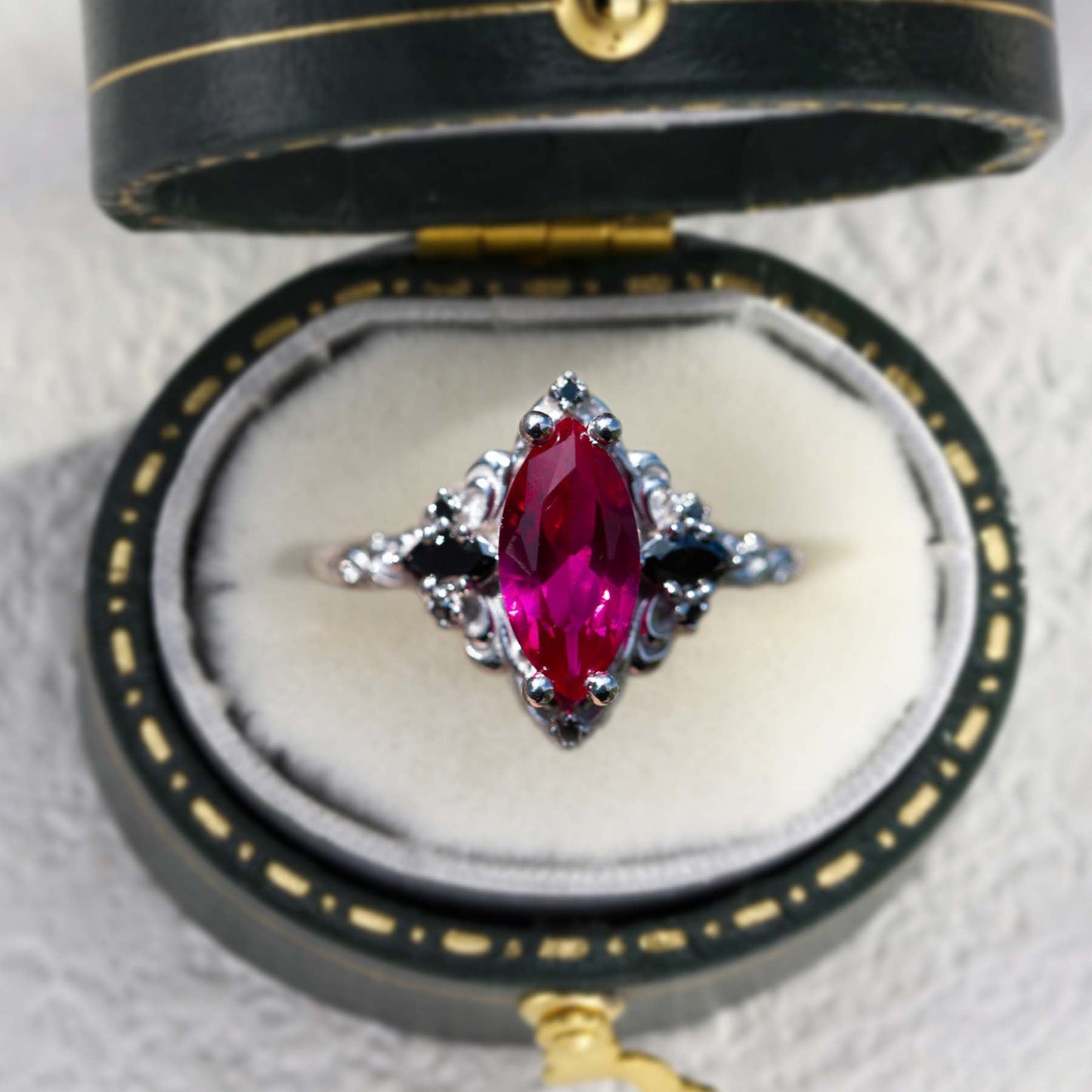 Unique Aurora Three Stone Marquise Lab Ruby and Black Onyx Ring