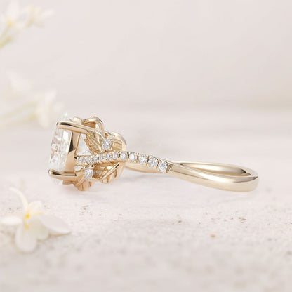 Unique Oval Moissanite Leafy Engagement Ring